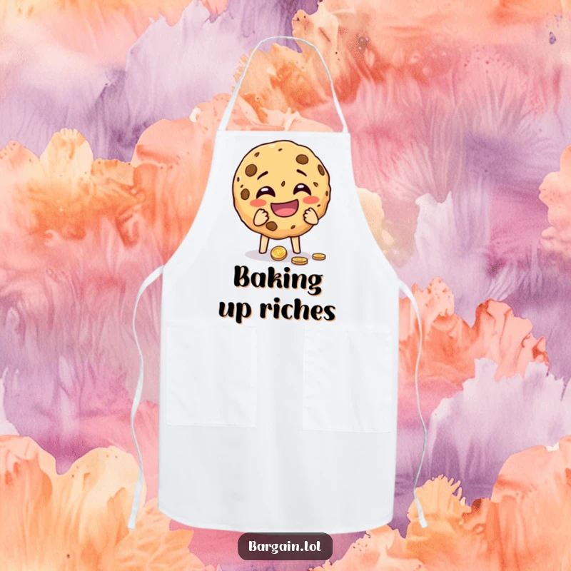 Funny cheeky cookie crumbling with laughter while holding a dropped coin on a kitchen apron. A humorous and practical accessory.