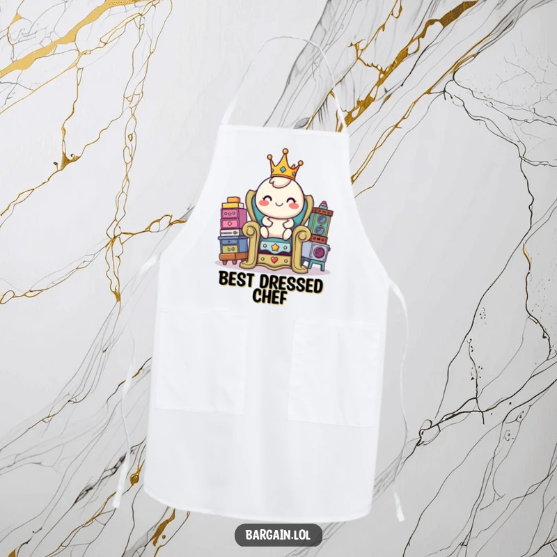 Funny apron showing a cheerful, round character with a small crown sitting on a throne made of thrift store treasures.