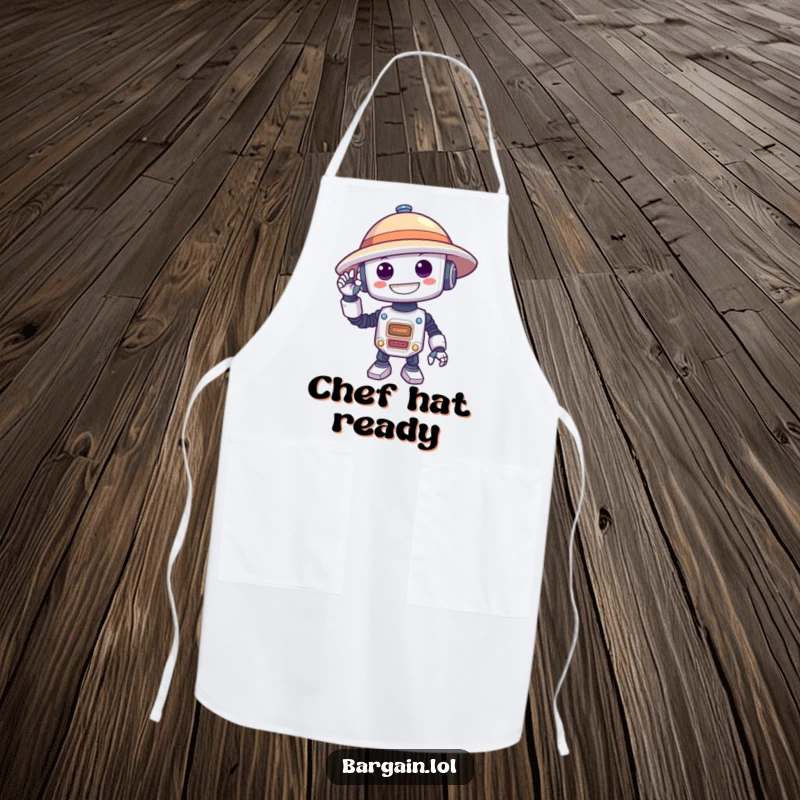 Funny apron depicting a silly robot with a delighted grin hilariously attempting to wear an oversized hat, perfect for chefs.