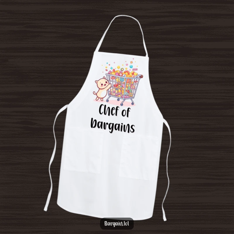 Funny Bargain Hunter Apron showing a tiny creature joyfully pointing at a comically oversized, sparkling bargain bin filled with tiny treasures.