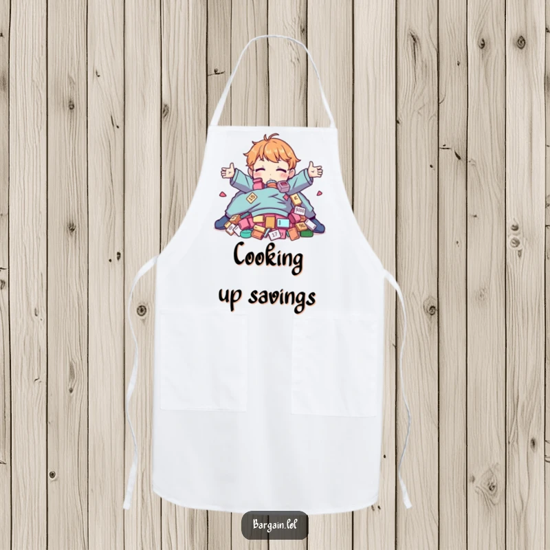 Funny Apron: Character hugging a pile of absurd, discounted clothes, ready for kitchen fun.