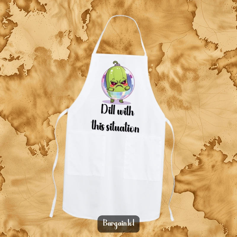 Funny apron with a grumpy pickle stuck inside a sparkling disco ball, ideal for a humorous cooking experience.