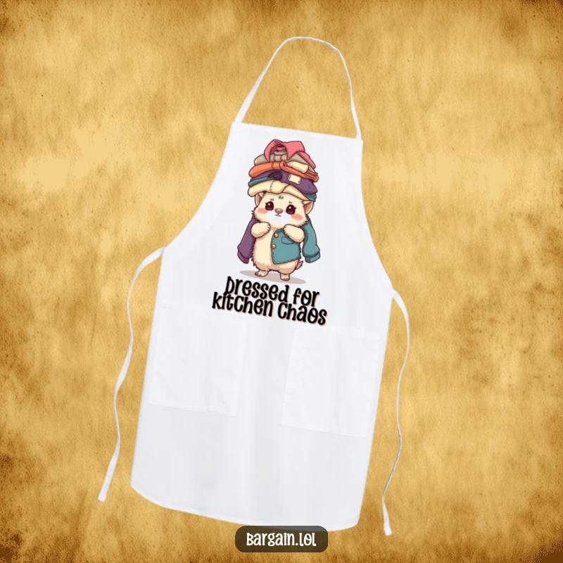 Funny small fuzzy creature concentrating while balancing a tall stack of vintage clothing, printed on a kitchen apron.