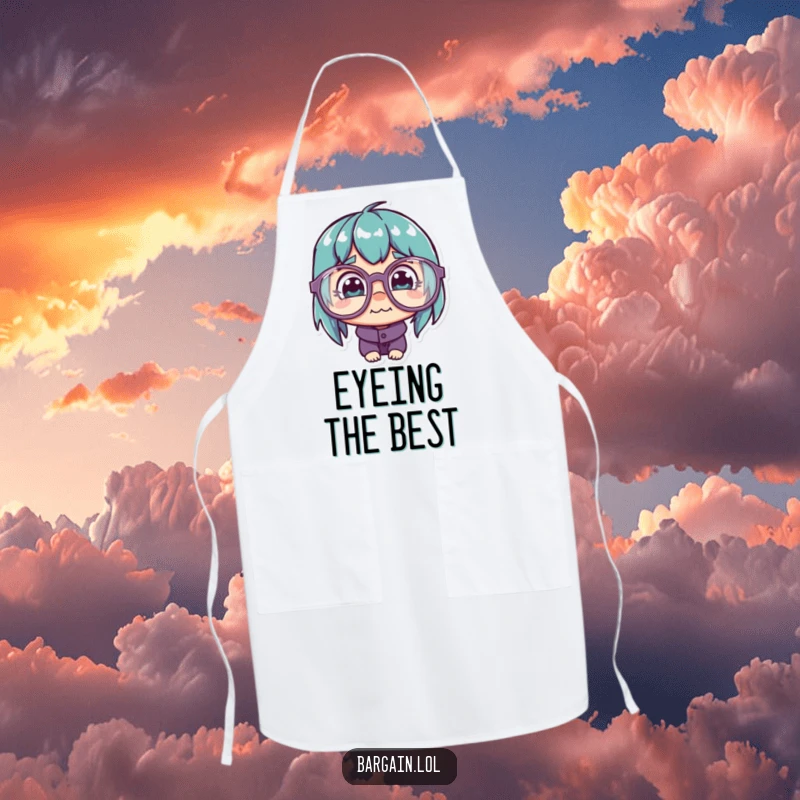 Funny Apron: Character wearing quirky glasses, spotting a cheap price tag, for kitchen deals.