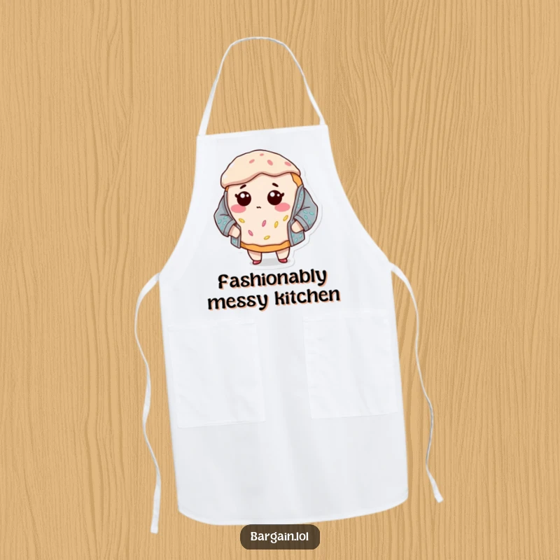 Funny apron showing a bewildered donut character attempting to wear an oversized sequined jacket, perfect for adding humor to cooking.
