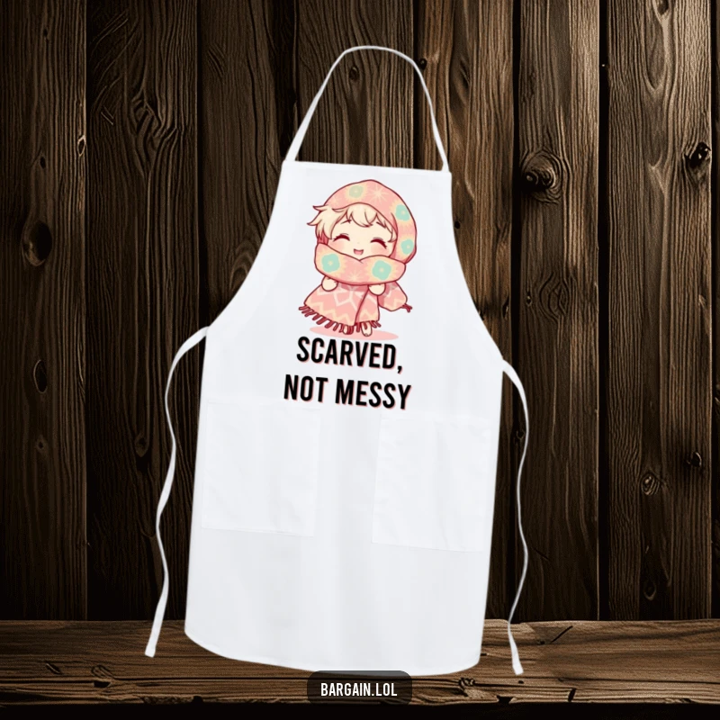 Funny apron featuring a character with a radiant smile, admiring a ridiculously large, uniquely patterned scarf, perfect for a joyful cook.
