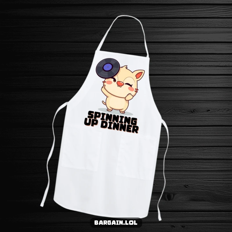 Funny Apron: A mischievous creature winks while balancing a stack of vinyl records on its nose, bringing musical humor to the kitchen.