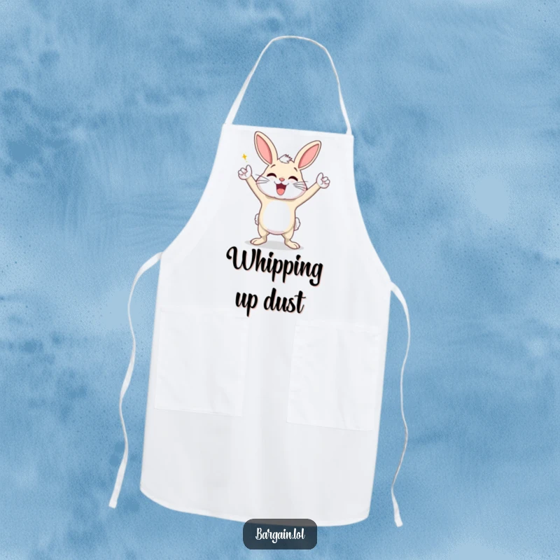 Funny apron featuring an exaggeratedly happy dust bunny doing a triumphant victory dance, for a joyful and humorous kitchen experience.