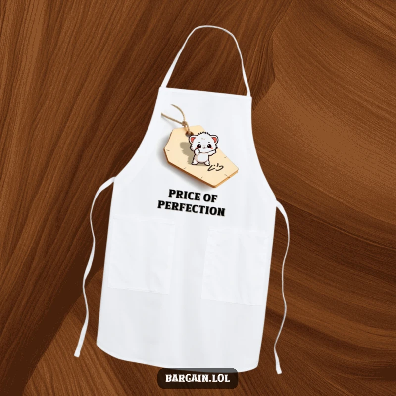 Funny apron with a small fuzzy being striking a dramatic pose on a discarded price tag.