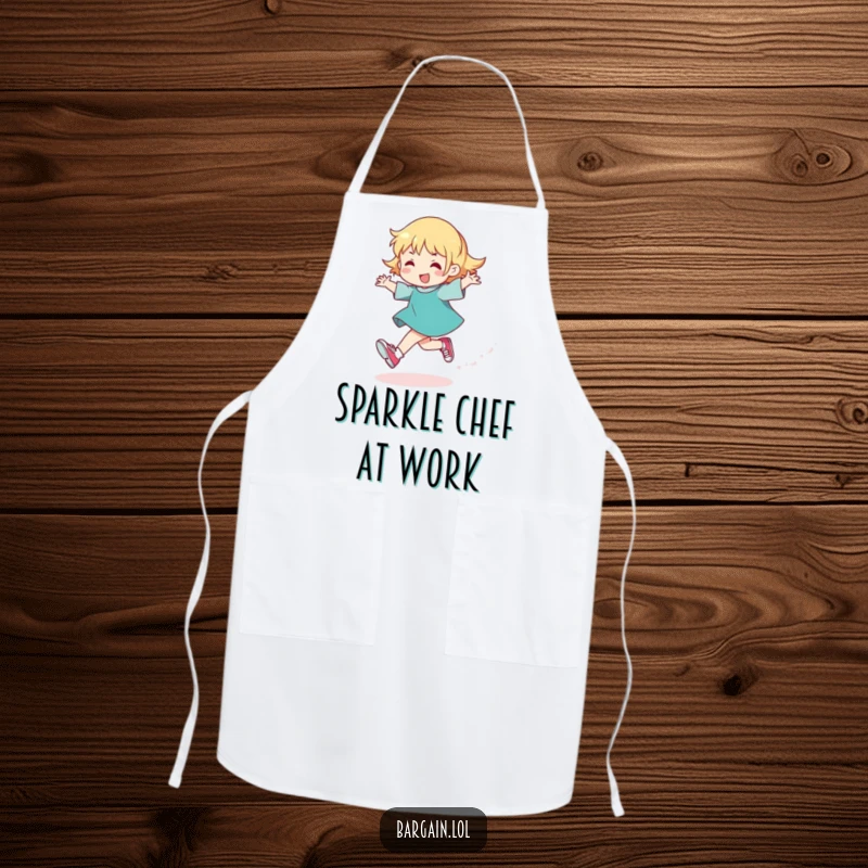 Funny apron with a character skipping joyfully, leaving a glitter trail and wearing very small shoes, perfect for a cook.