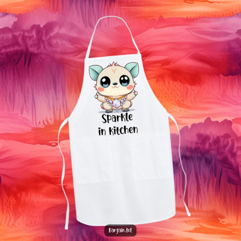 Funny apron with a creature featuring enormous googly eyes triumphantly holding a sparkly, cheap necklace.