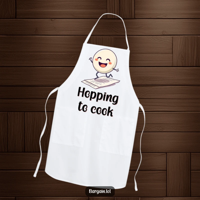 Funny apron featuring a smiling button character with legs hopping excitedly over a discarded crumpled receipt, for a cheerful and humorous cooking experience.