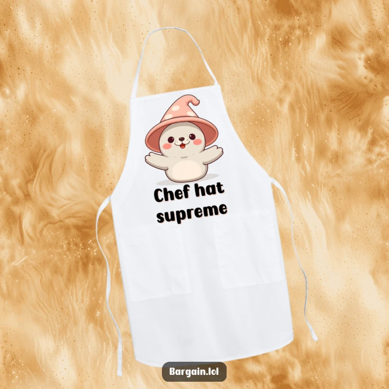 Funny Kawaii seal apron depicting a seal triumphantly wearing an enormous, silly novelty hat while cooking, great for kitchen fun.