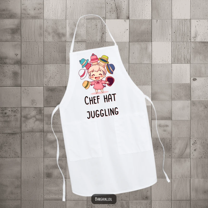 Funny apron featuring a character with a big grin, playfully juggling several mismatched, colorful hats, perfect for a fun chef.