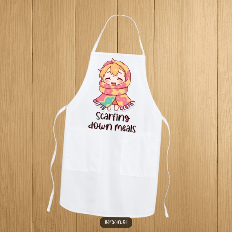 Funny Apron: A tiny character is comically lost inside a giant, brightly patterned scarf, adding humor to kitchen tasks.