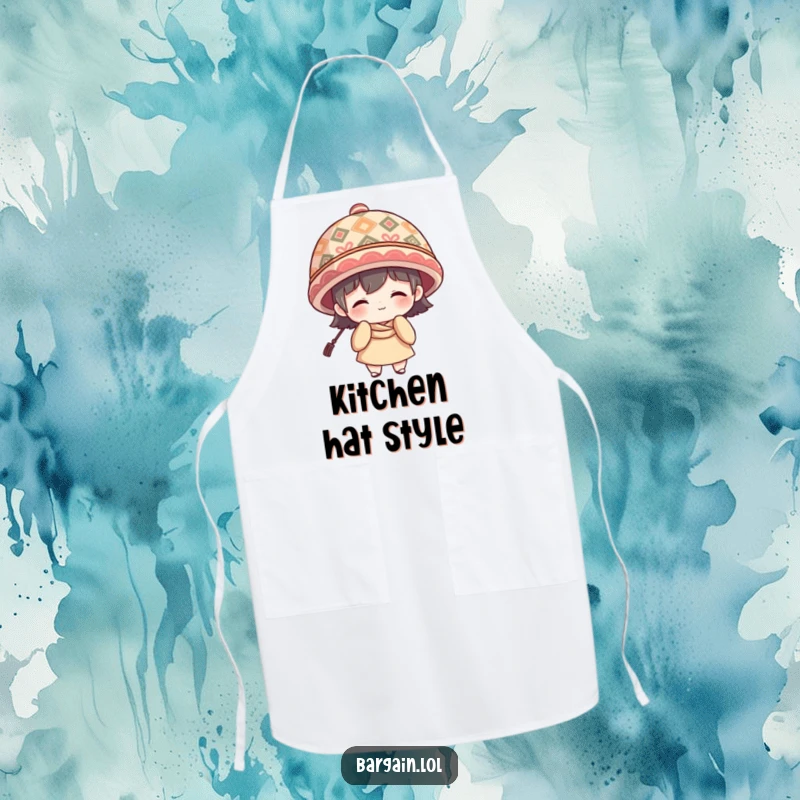 Funny Apron: Character with shy smile wearing a large patterned hat, for kitchen charm.