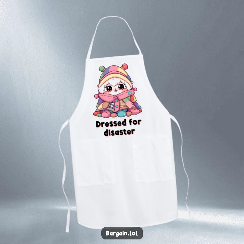 Funny apron, fluffy character peeking from a pile of colorful clothes, kitchen humor.
