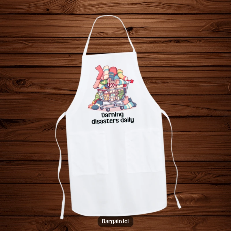 Funny tiny mouse with a monocle inspecting mismatched socks spilling from a shopping cart on a kitchen apron.