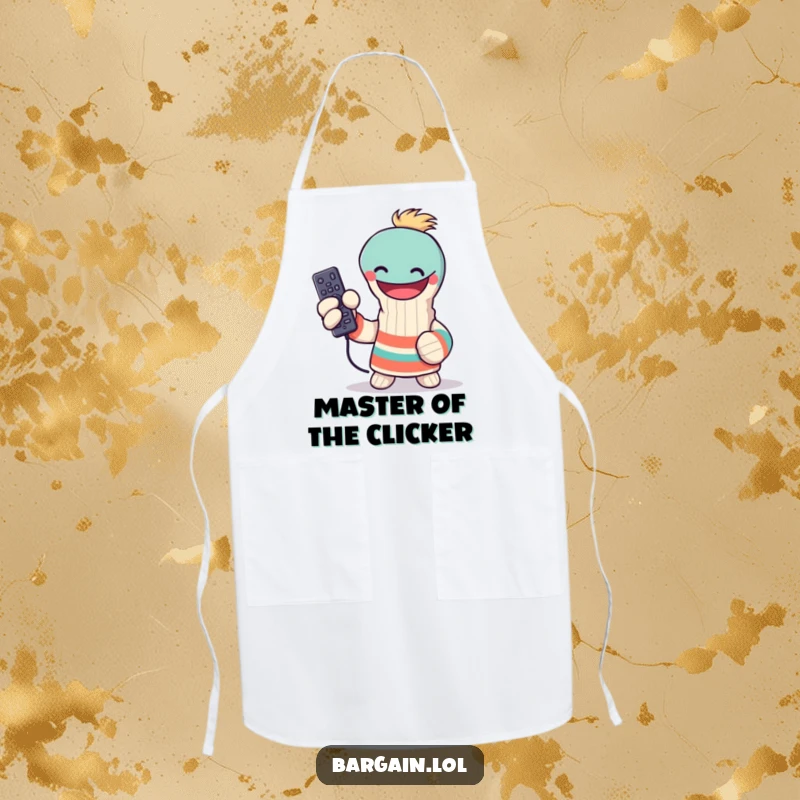 Funny sock puppet apron, triumphantly holding a lost remote control, cooking in the kitchen, humorous funny gift for foodies.