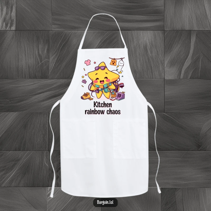 Funny apron showing a jolly star character comically tangled in a variety of colorful thrift store clothing items, ideal for chefs.