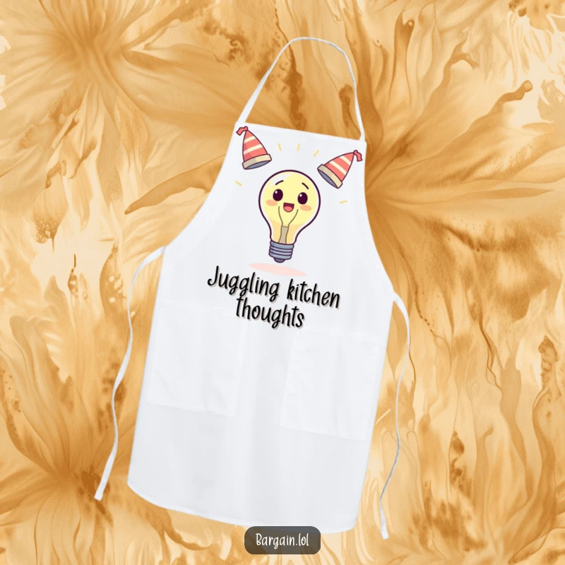 Funny surprised lightbulb apron, juggling three tiny wobbly hats, for kitchen use, humorous funny gift.