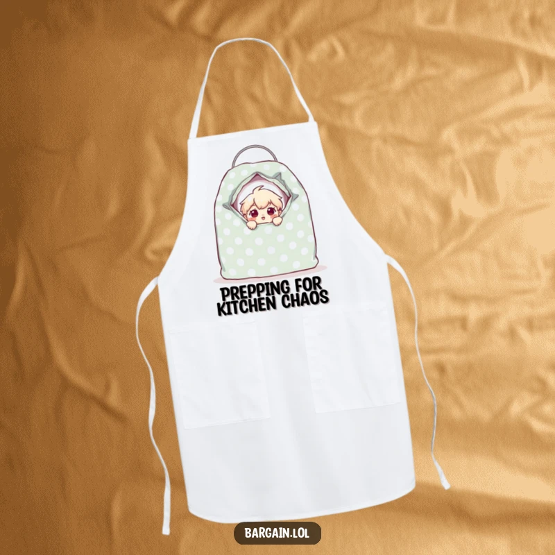 Funny tiny character peeking from a giant polka-dotted thrift bag with a surprised expression, printed on a kitchen apron for humor.