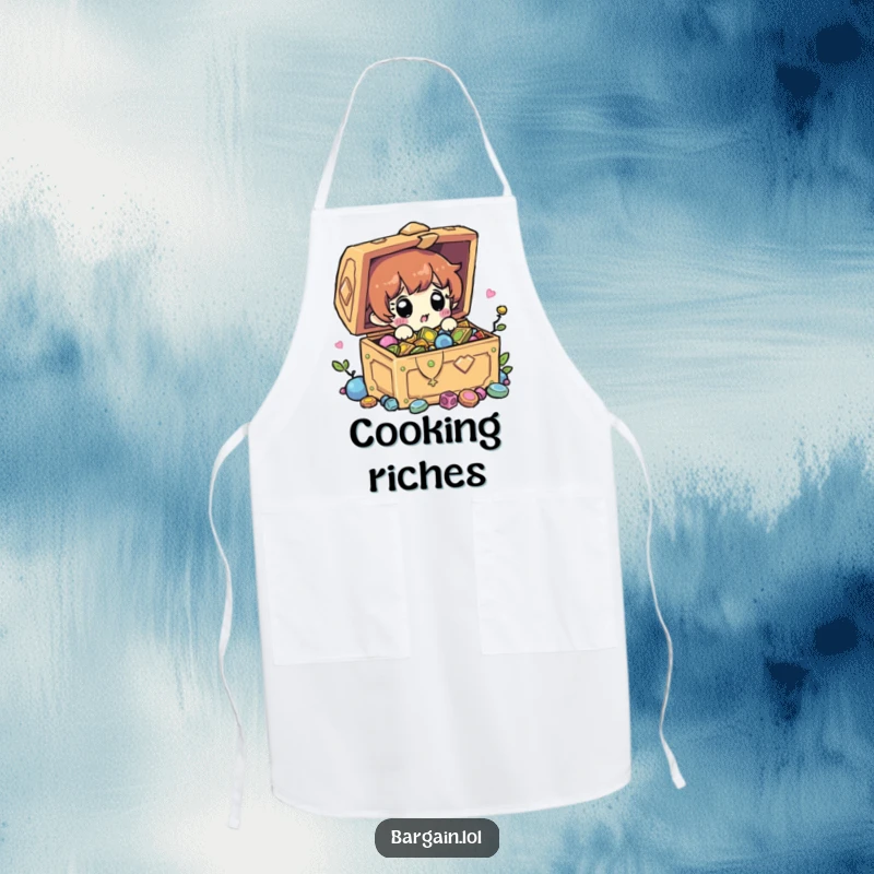 Funny apron featuring a character with a surprised expression finding a treasure chest, perfect for adventurous chefs. Great gift.