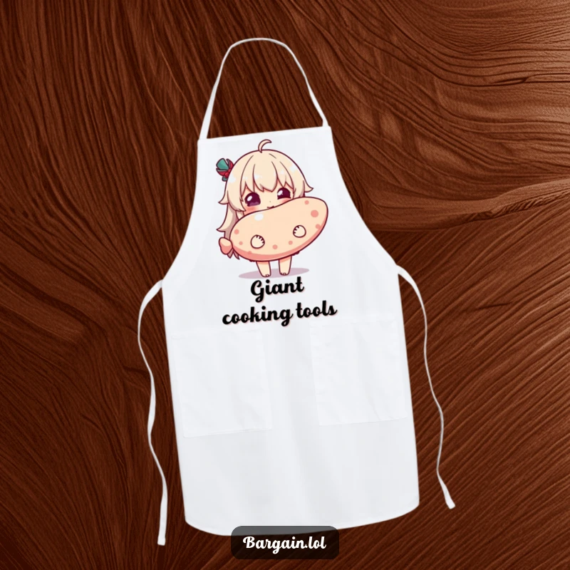 Funny apron featuring a character with pure delight holding a ridiculously oversized novelty item, perfect for a joyful cook.