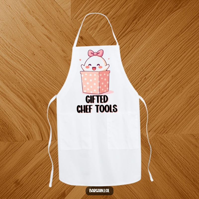 Funny apron: A cheerful blob character bursting from a huge, polka-dotted gift box, perfect for a humorous cook.