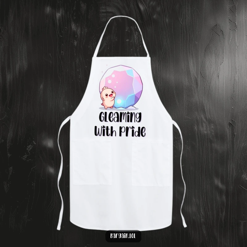 Funny apron: A tiny, round creature beaming with delight over finding a huge, sparkling gem, perfect for a humorous cook.