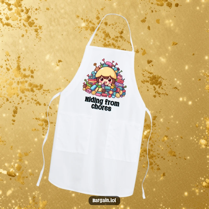 Funny Apron: Character peeking from behind colorful second-hand treasures, for kitchen thrifting fun.