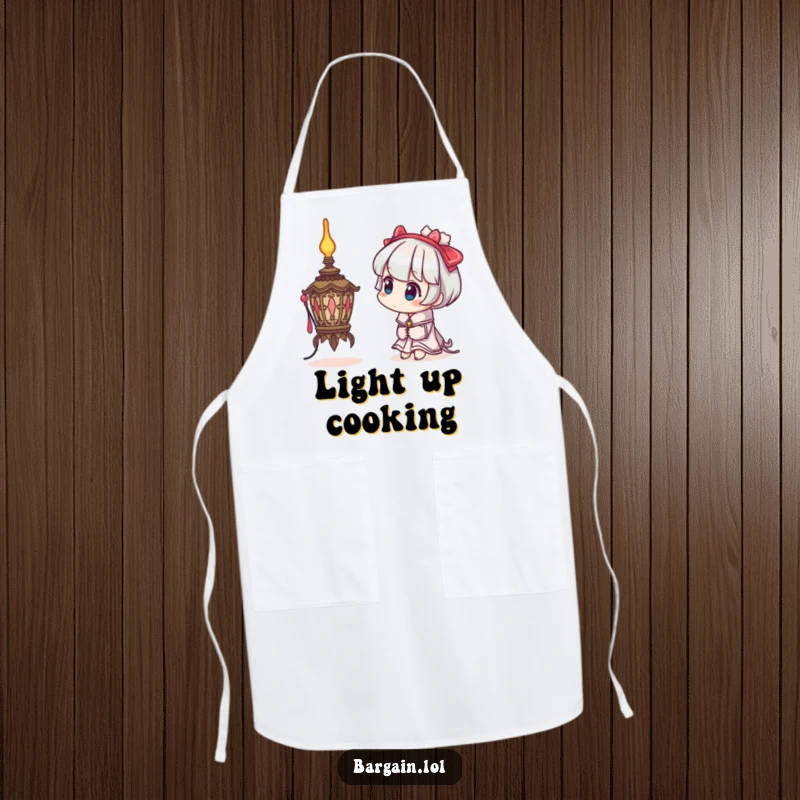 Funny apron featuring a character with a curious head tilt examining a bizarre, ornate lamp, perfect for an intrigued cook.