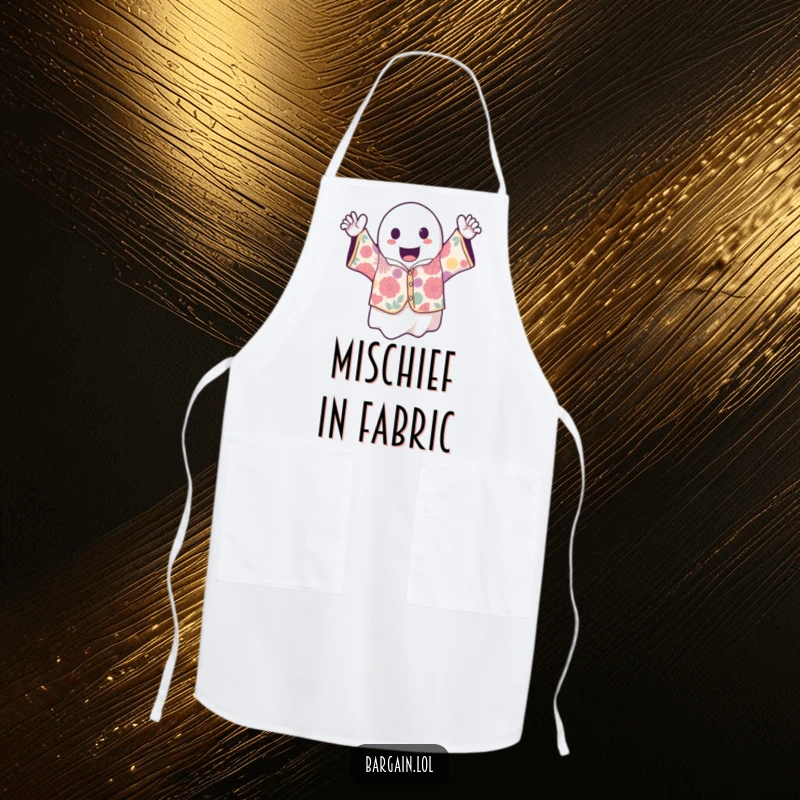 Funny kawaii ghost excitedly holding a loud vintage shirt, a functional and fashionable apron for kitchen adventures.