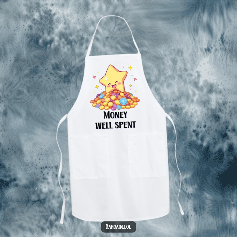 Funny apron featuring a star character gleefully diving into a pile of colorful, shimmering coins, perfect for kitchen fun and protecting clothes.