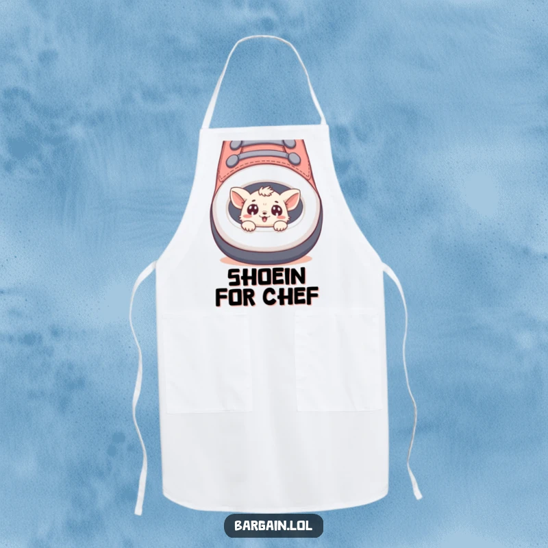 Funny apron with a tiny creature peeking out from a large shoe, ready for kitchen fun.