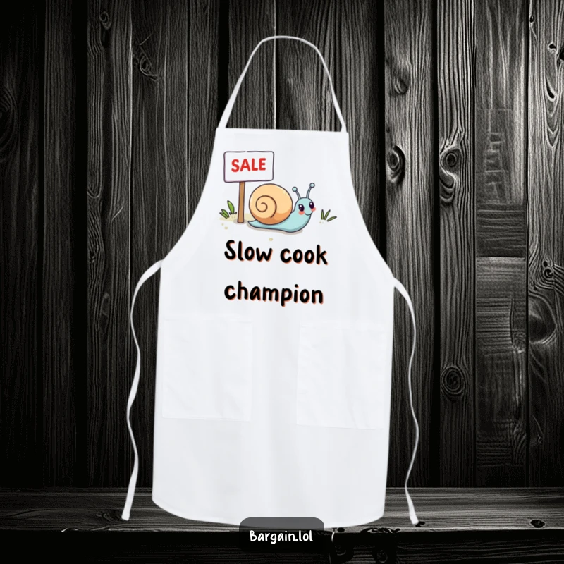Funny Kawaii snail apron depicting a snail happily rolling towards a sale sign, perfect for kitchen fun.