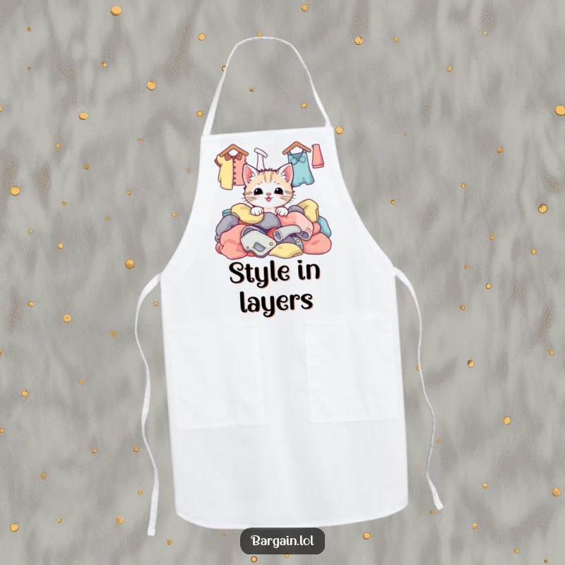 Funny kawaii kitten peeking from a pile of colorful clothes, ready to assist in the kitchen with a cheerful attitude.
