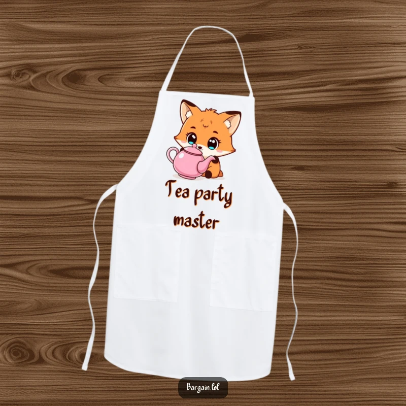Funny Kawaii fox apron depicting a fox with wide eyes admiring a cheap, unusual teapot, perfect for kitchen charm.