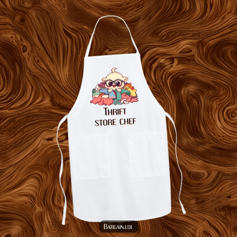 Funny apron showing a whimsical creature with oversized spectacles, digging enthusiastically through a pile of pre-loved garments.