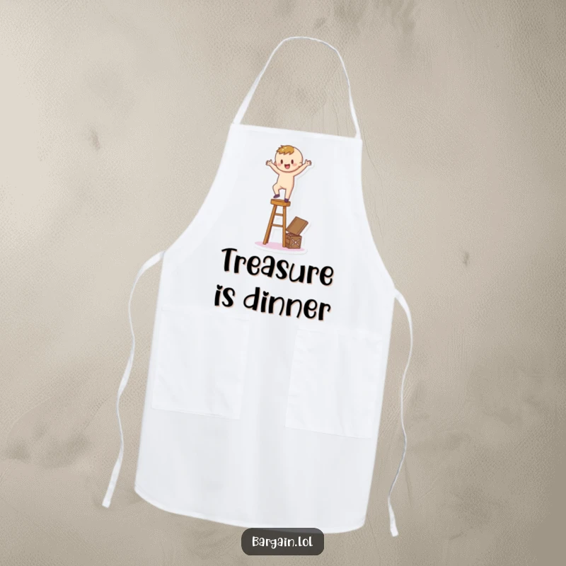 Funny Apron: A happy cartoon figure balances on a stool, reaching for a hidden treasure box, ideal for a fun kitchen.