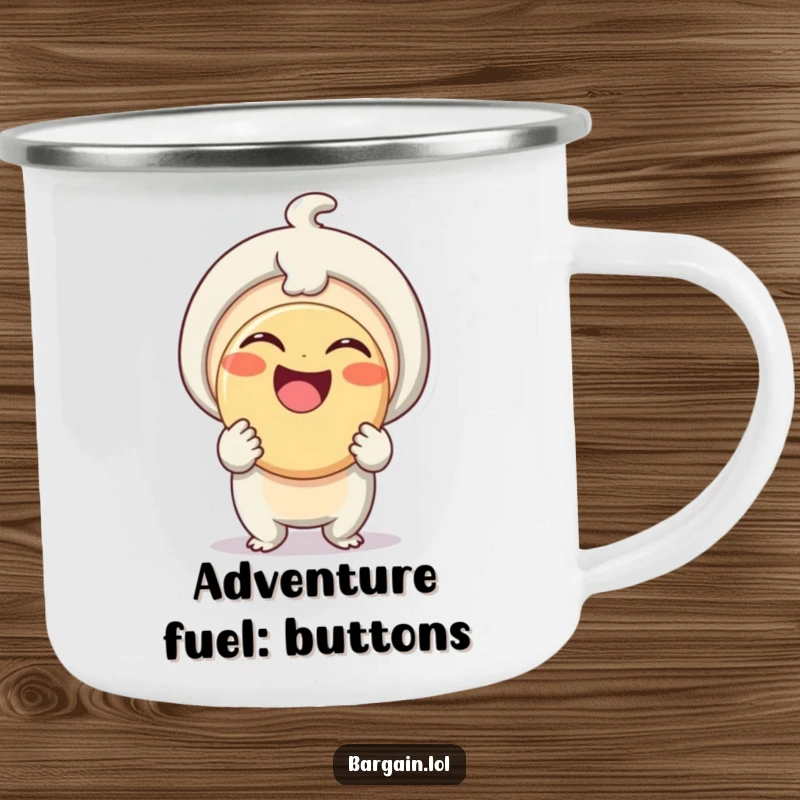 Funny Camping Mug: A delighted being beams holding a comically oversized button, perfect for humorous outdoor adventures.