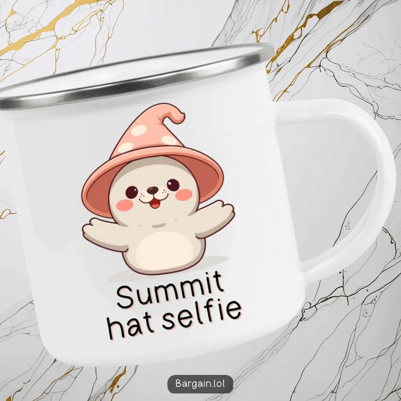 Funny Kawaii seal camping mug with a triumphant seal holding an enormous novelty hat, perfect for outdoor adventures.