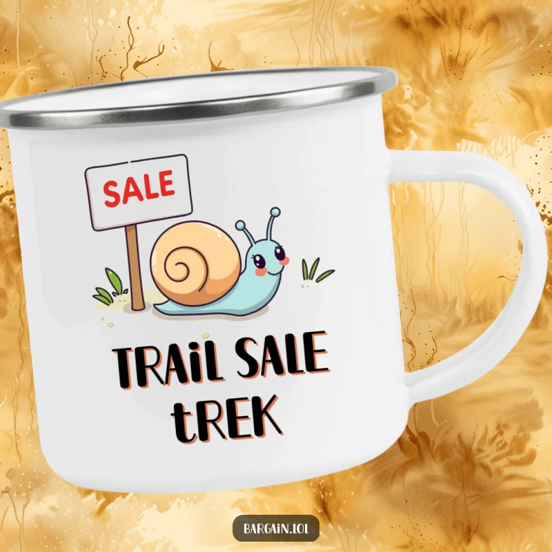 Funny Kawaii snail camping mug with a snail happily rolling towards a sale sign, ideal for outdoor patience.