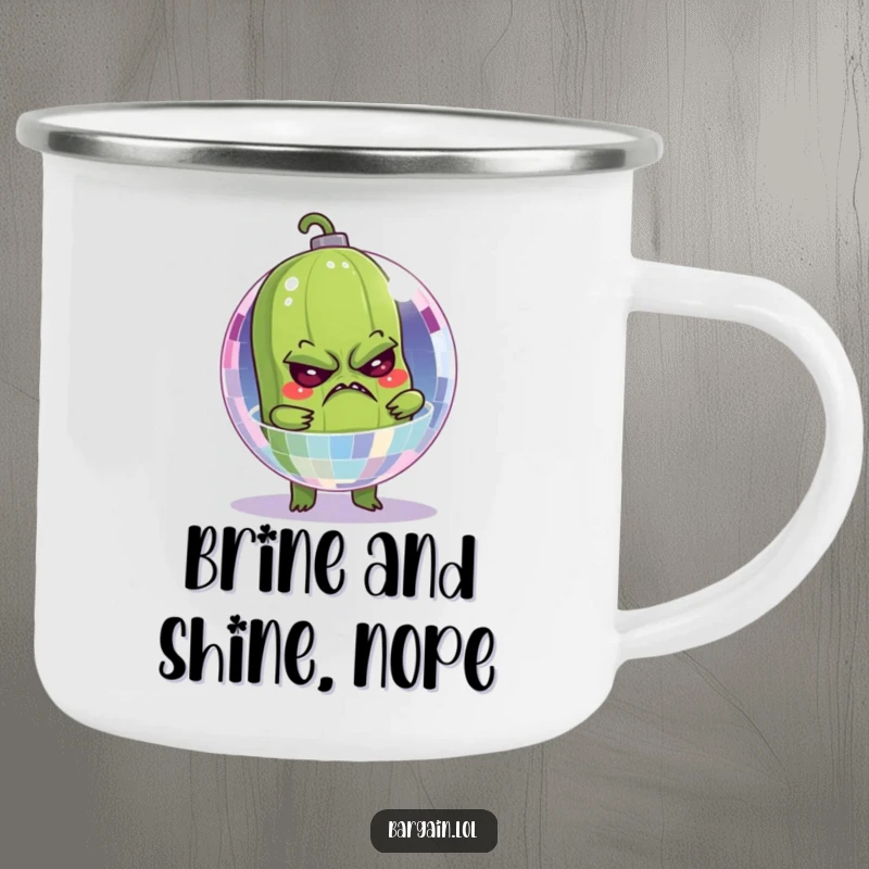 Funny camping mug with a grumpy pickle stuck inside a sparkling disco ball, perfect for outdoor laughs.