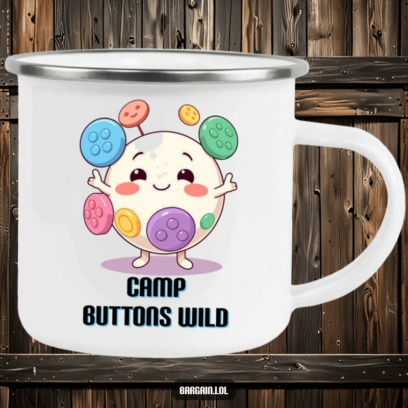 Funny camping mug showing a spherical character with a goofy grin juggling large colorful buttons.