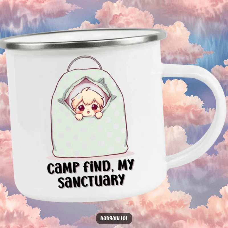 Funny tiny character peeking from a giant polka-dotted thrift bag with surprised eyes, designed for outdoor fun on a camping mug.