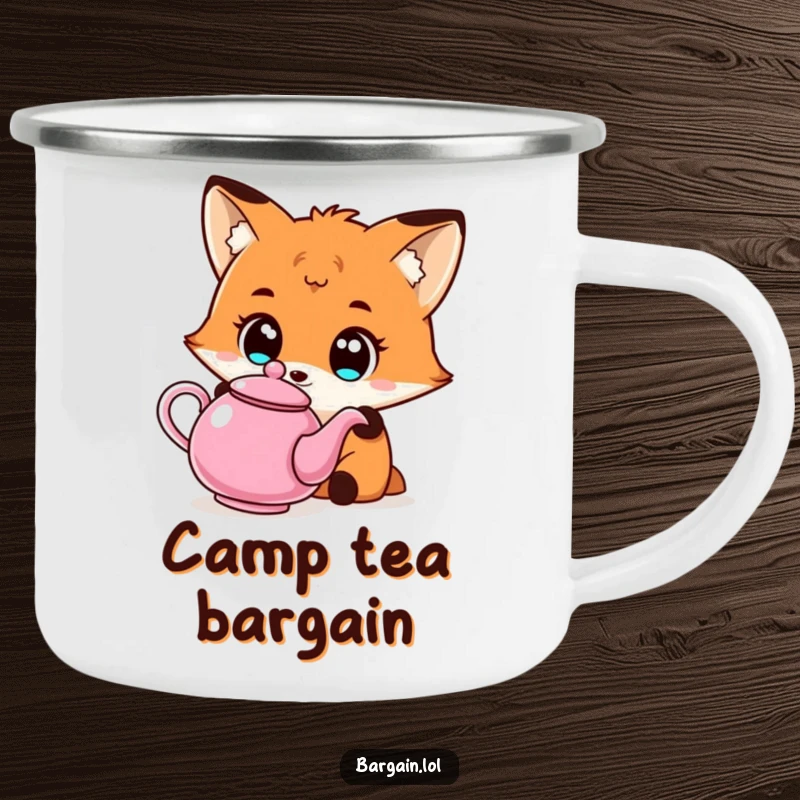 Funny Kawaii fox camping mug with a fox admiring an affordable, quirky teapot, ideal for outdoor tea time.