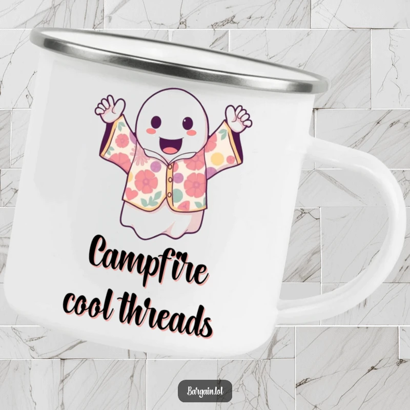 Funny kawaii ghost excitedly holding a patterned vintage shirt, a durable mug for outdoor enthusiasts with a spooky flair.