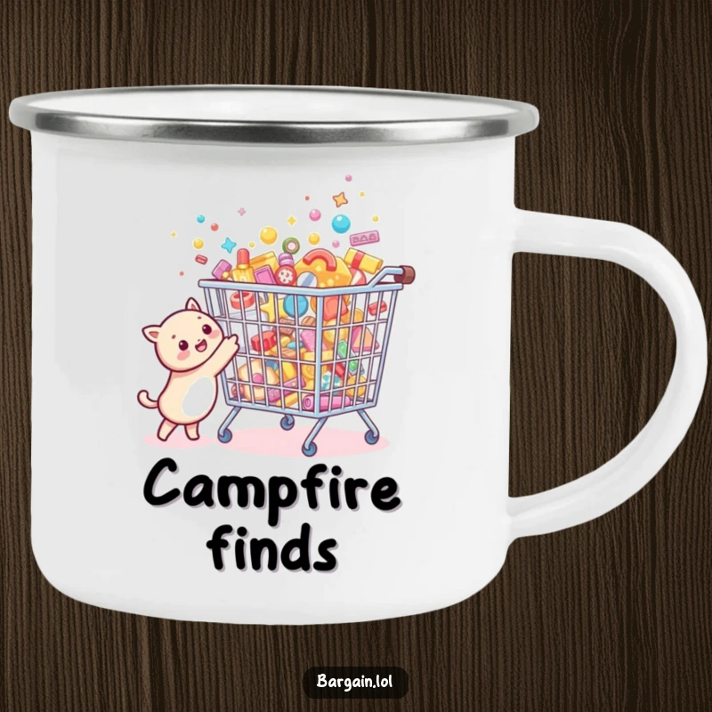Funny Bargain Hunter Camping Mug showing a tiny creature joyfully pointing at a comically oversized, sparkling bargain bin filled with tiny treasures.