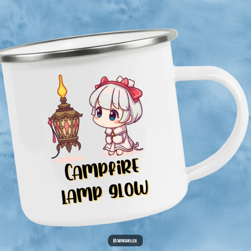 Funny enamel camping mug with a character's curious head tilt examining a bizarre, ornate lamp, perfect for outdoor intrigue.